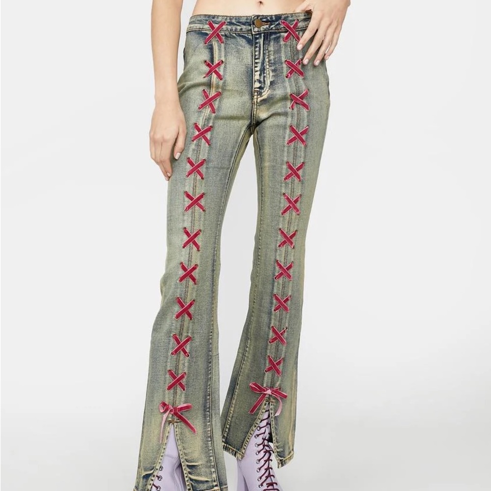 dELiA*s Wide Leg Jeans with Red Lace-Up Detail